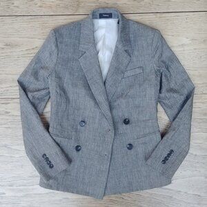 Theory size 4 linen blend double breasted blazer jacket lightweight gray